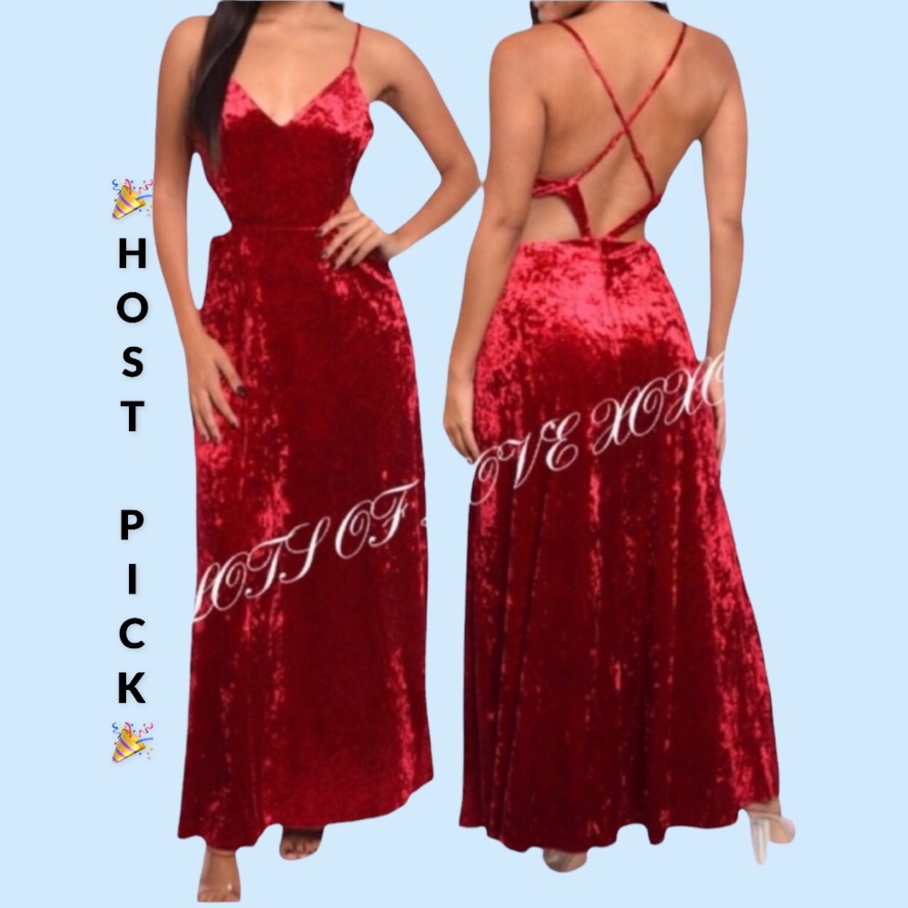 ❌DONATED❌Burgundy Red Velvet V-neck Criss Cross Back Straps Lined Maxi Dress - Picture 1 of 14